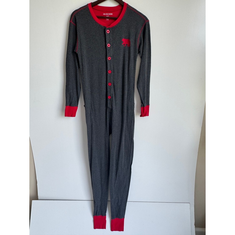 Little Blue House Bear Naked Union Suit Grey Red Flap Pajamas XS Holiday Winter